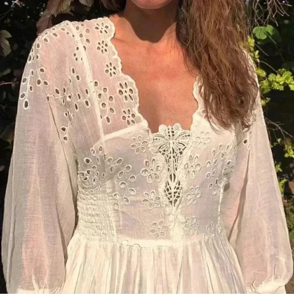 Free People White Lottie Eyelet lace Mini Summer Dress Medium - Picture 6 of 11